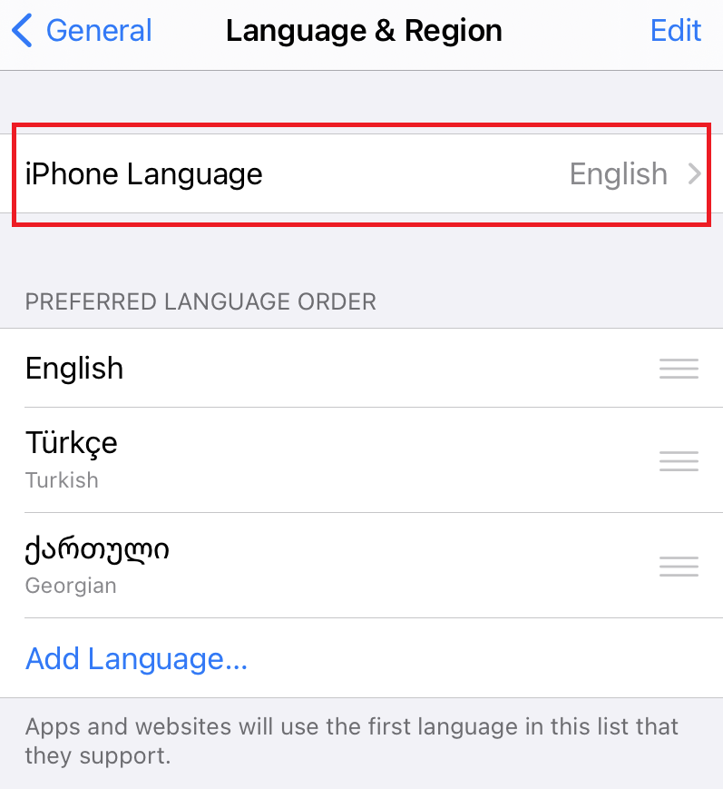 iphone dil değiştirme