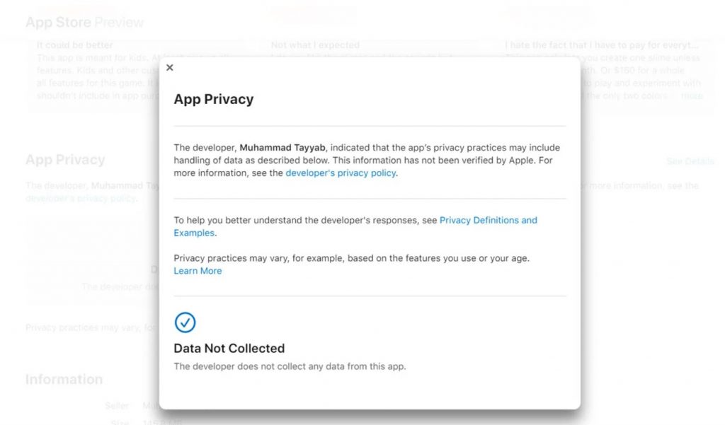 AppStore Uygulama Gizliliği Bölümü